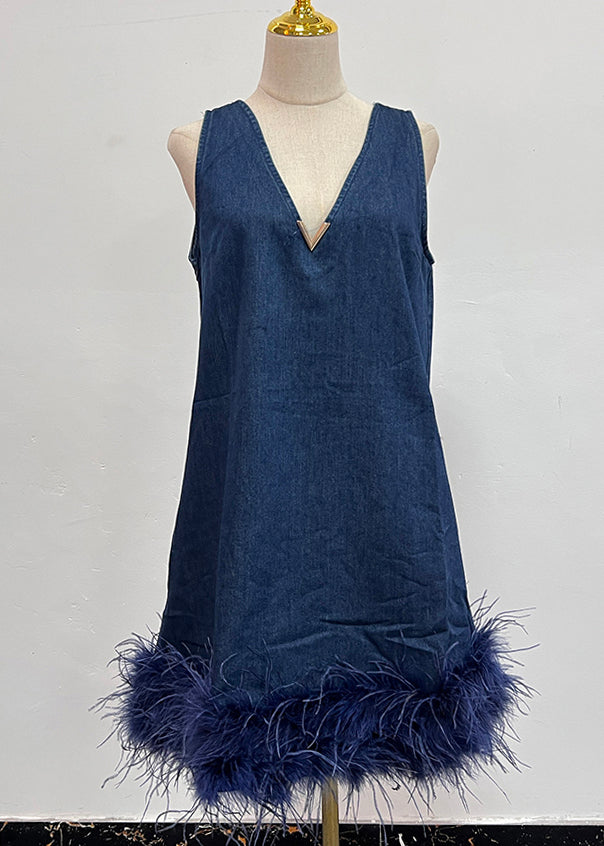 French Blue V Neck Tasseled Patchwork Denim Mid Dress Sleeveless