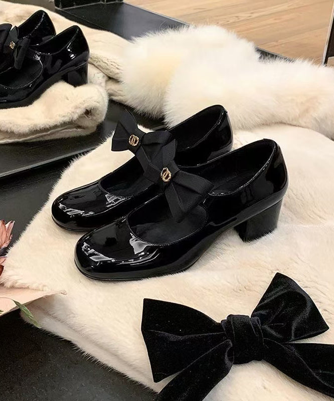 French Bow Splicing Chunky Heel Black Cowhide Leather