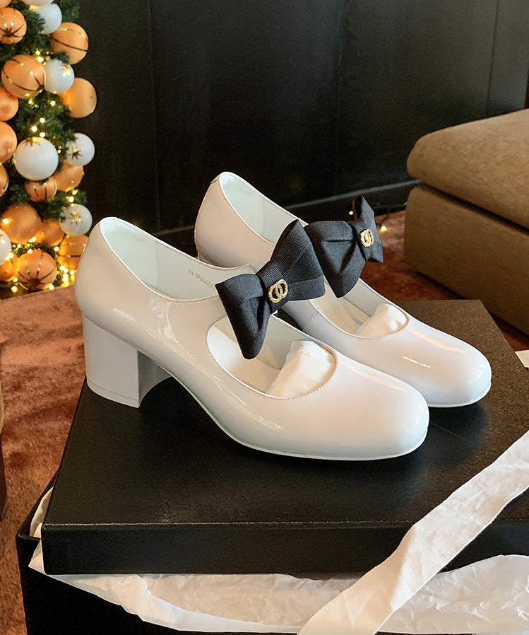 French Bow Splicing Chunky Heel Black Cowhide Leather