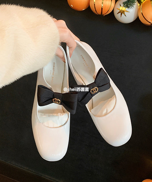 French Bow Splicing Chunky Heel Black Cowhide Leather