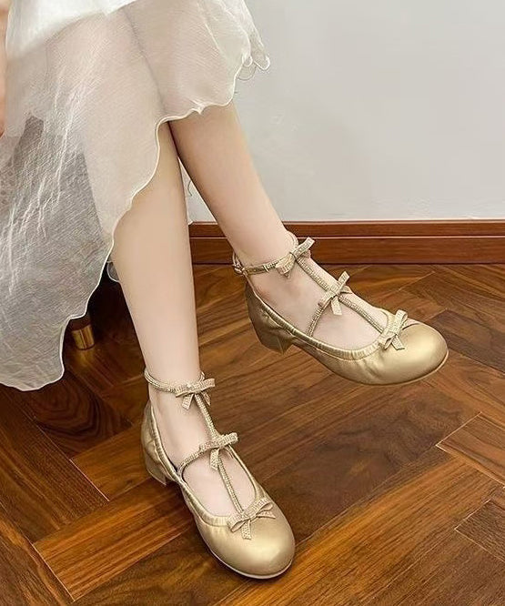 French Bow Splicing Chunky Sandals Gold Faux Leather