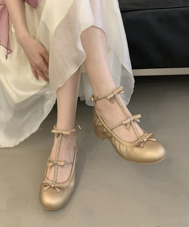 French Bow Splicing Chunky Sandals Gold Faux Leather