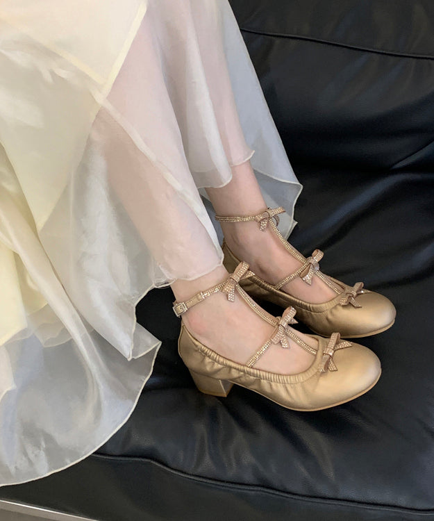 French Bow Splicing Chunky Sandals Gold Faux Leather