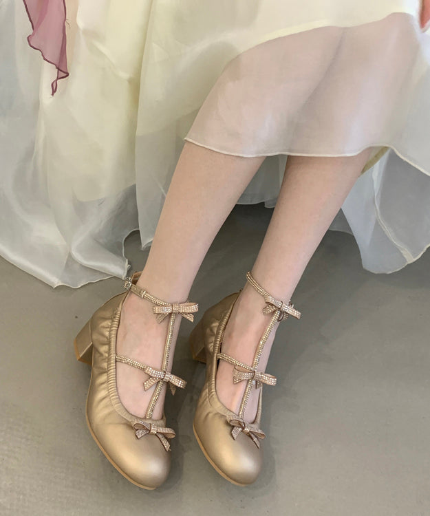 French Bow Splicing Chunky Sandals Gold Faux Leather