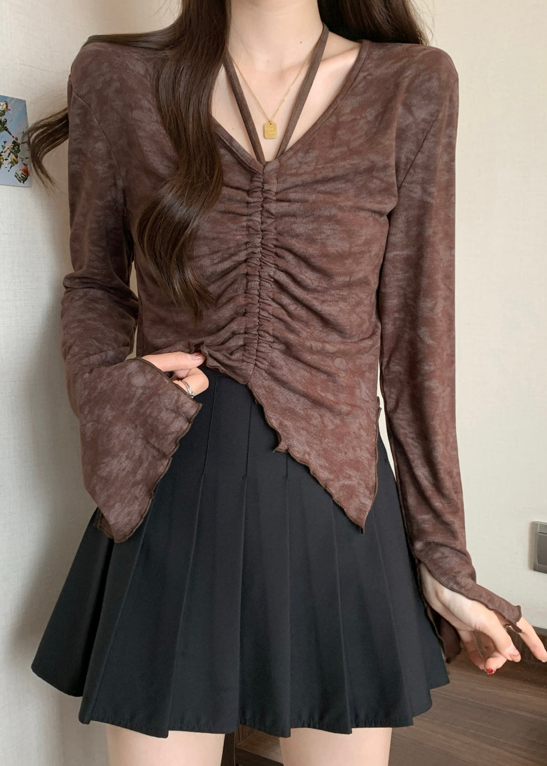 French Brown Cinched Tie Dye Cotton Shirt Fall