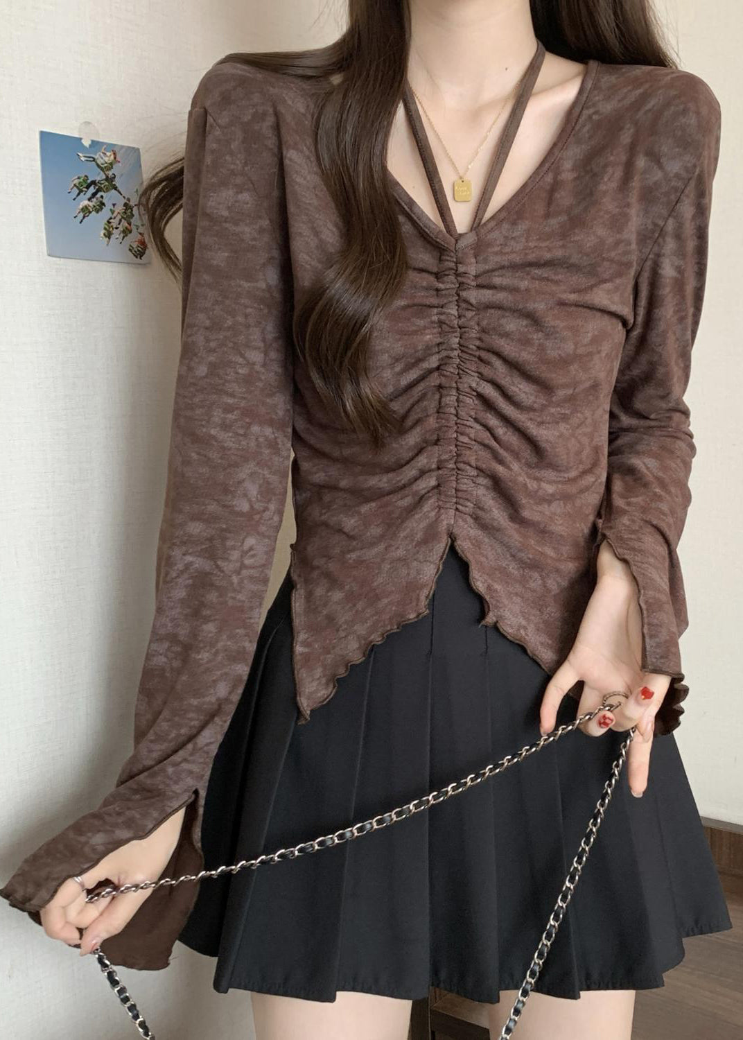 French Brown Cinched Tie Dye Cotton Shirt Fall