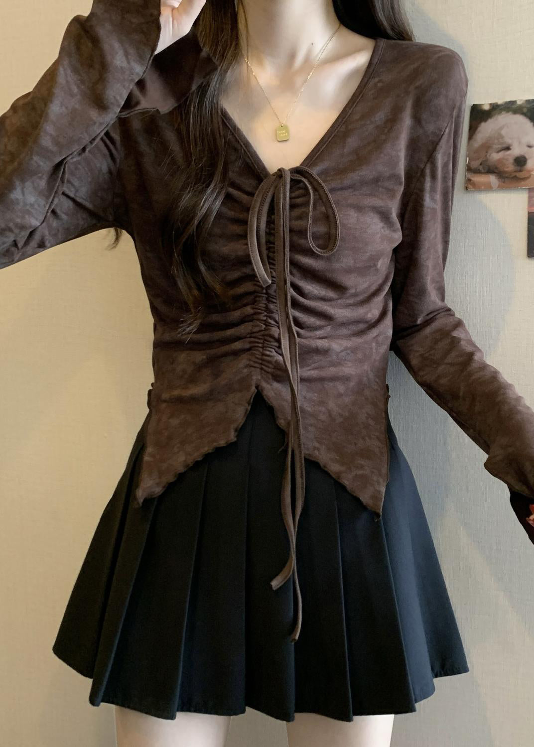 French Brown Cinched Tie Dye Cotton Shirt Fall