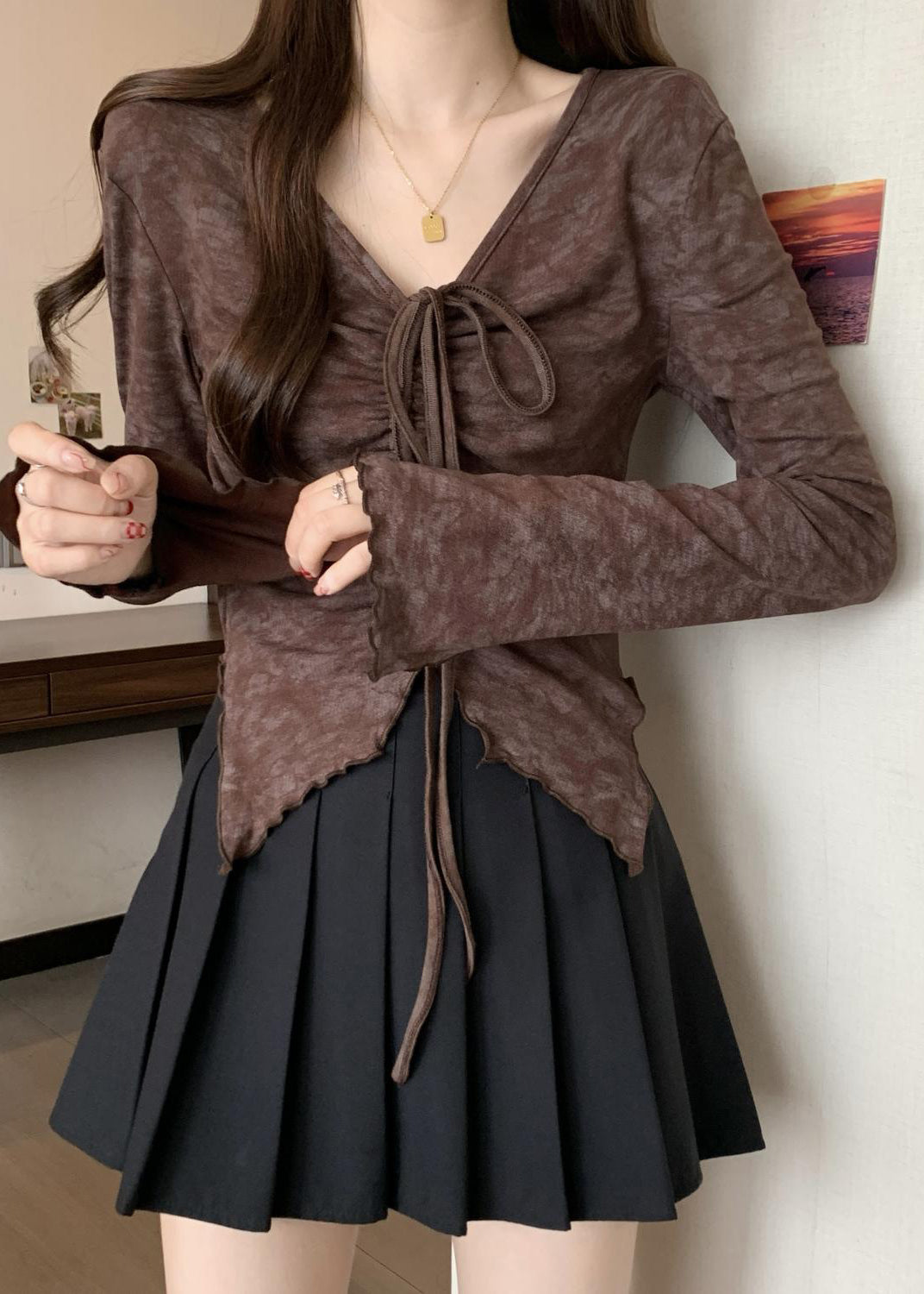 French Brown Cinched Tie Dye Cotton Shirt Fall