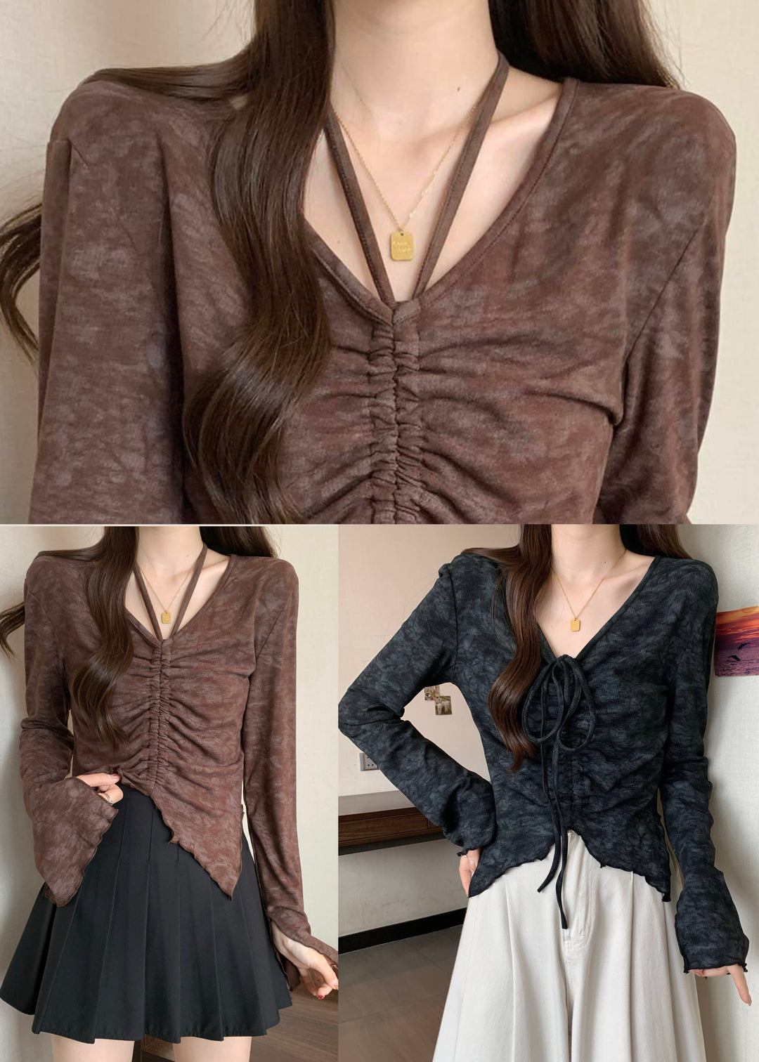 French Brown Cinched Tie Dye Cotton Shirt Fall