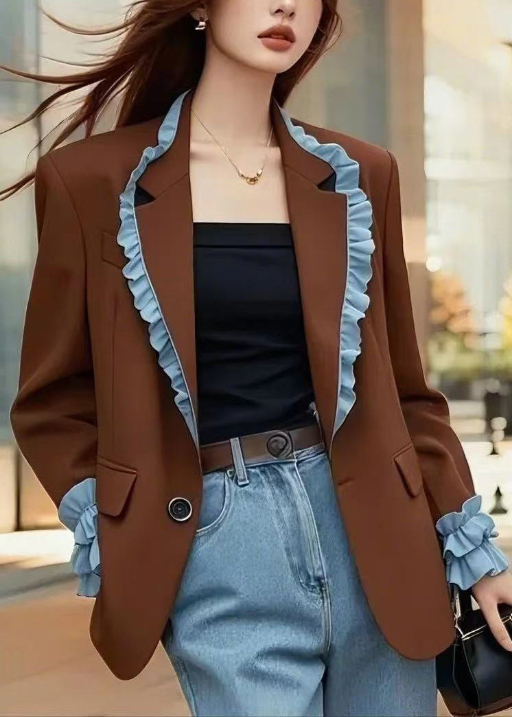 French Brown Peter Pan Collar Ruffled Patchwork Coats Fall