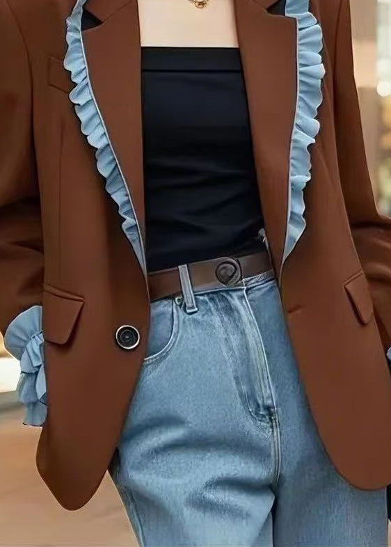 French Brown Peter Pan Collar Ruffled Patchwork Coats Fall