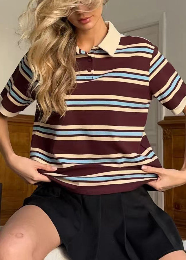 French Brown Peter Pan Collar Striped Cotton T Shirts Summer