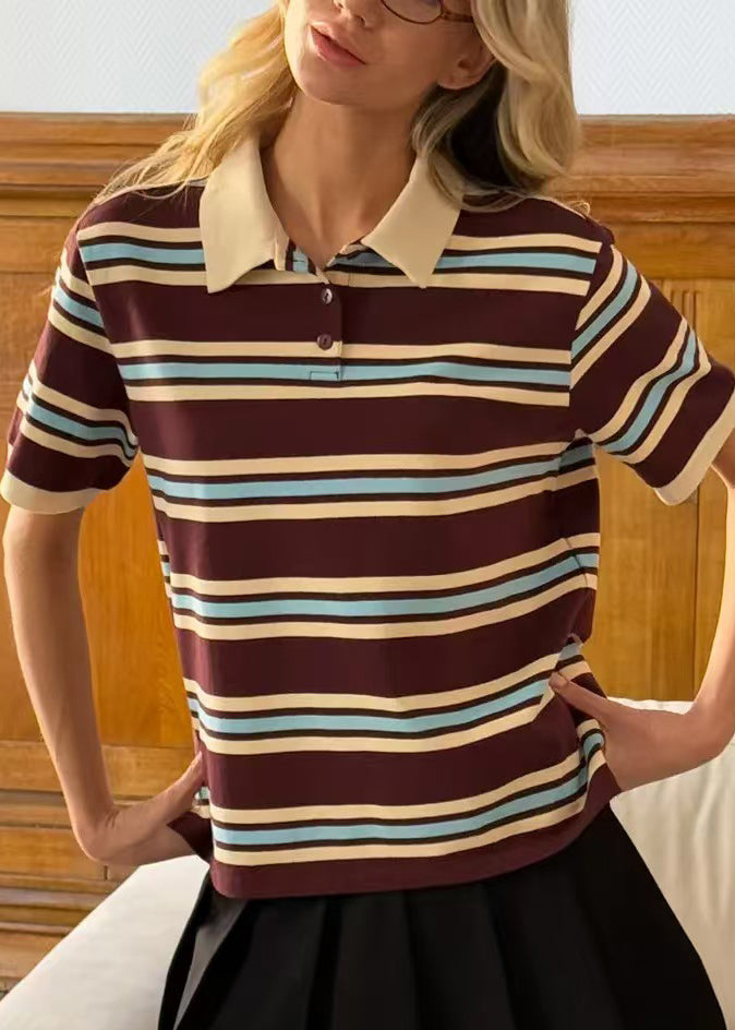 French Brown Peter Pan Collar Striped Cotton T Shirts Summer