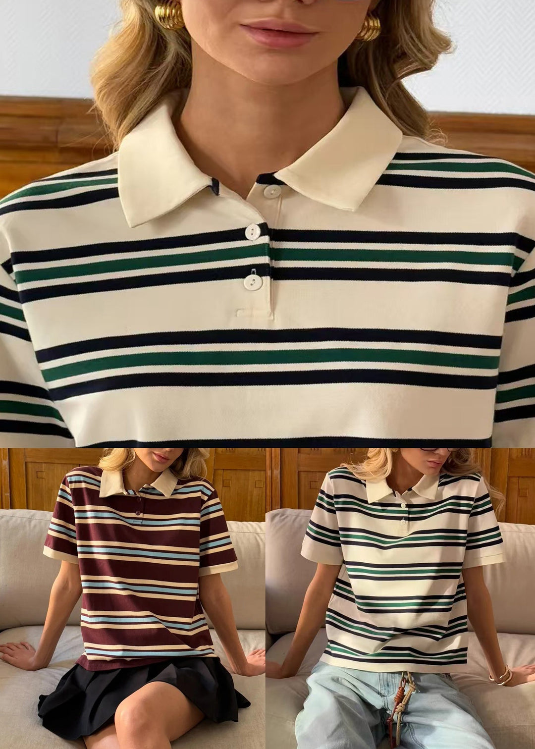 French Brown Peter Pan Collar Striped Cotton T Shirts Summer