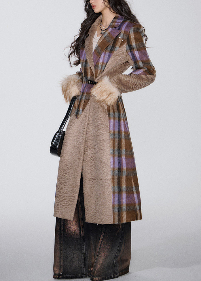 French Brown Pockets Patchwork Woolen Long Coat Winter