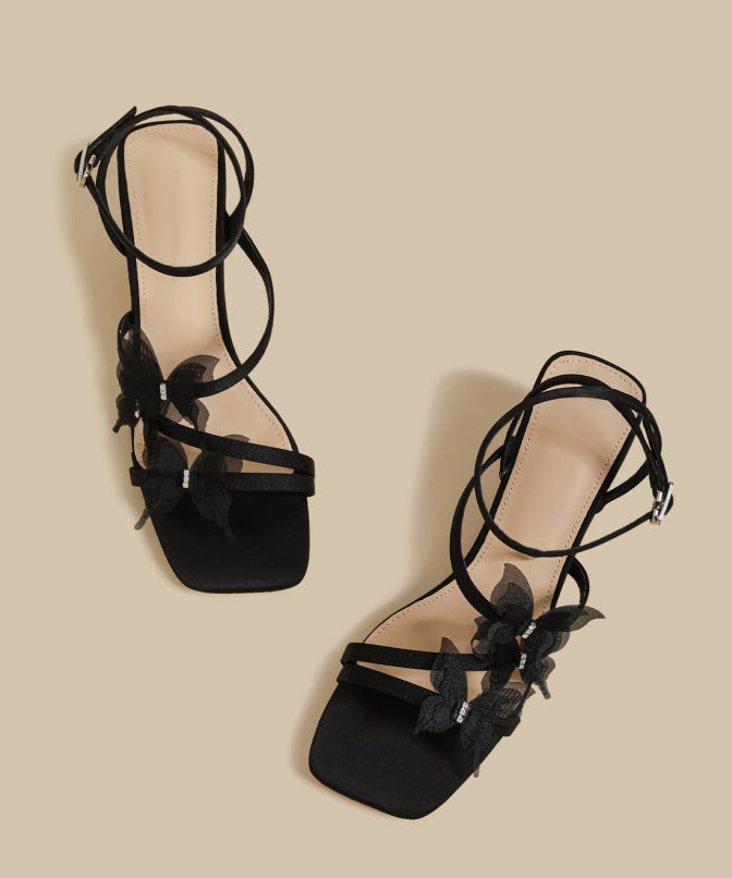 French Butterfly Splicing Chunky Sandals Black Faux Leather