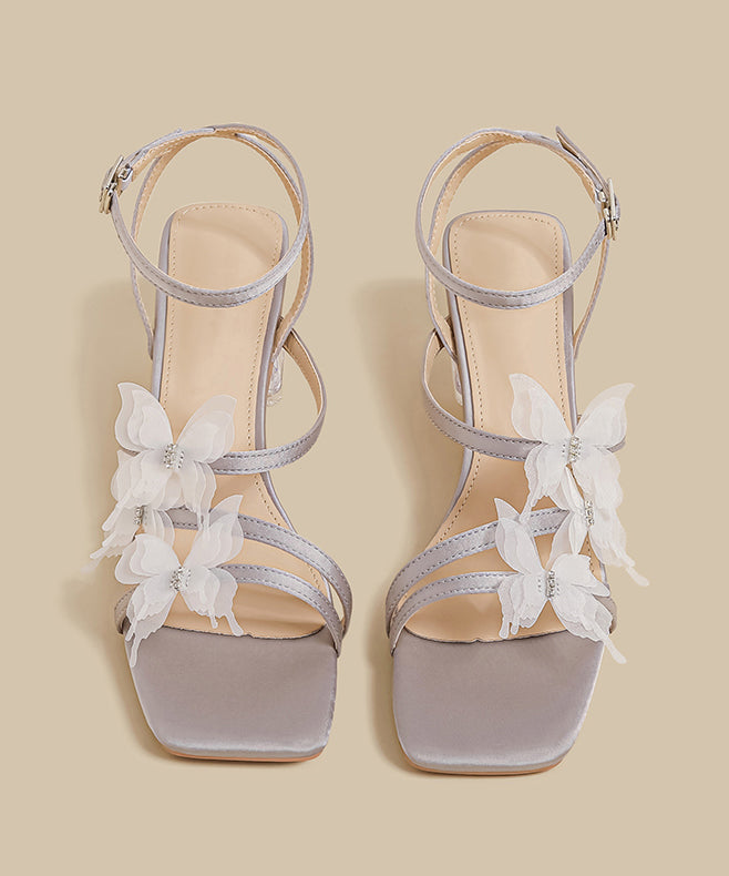 French Butterfly Splicing Chunky Sandals Black Faux Leather