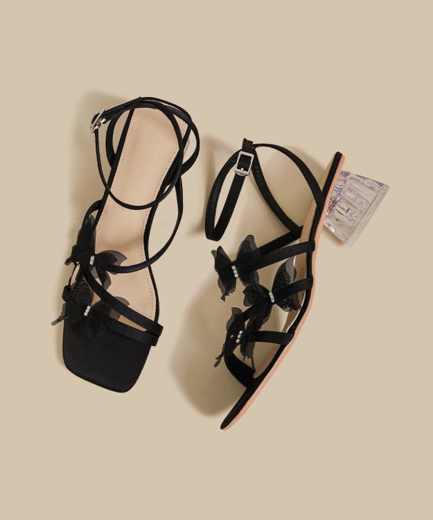 French Butterfly Splicing Chunky Sandals Black Faux Leather