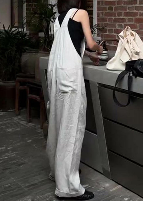 French Button High Waist Linen Jumpsuit Sleeveless