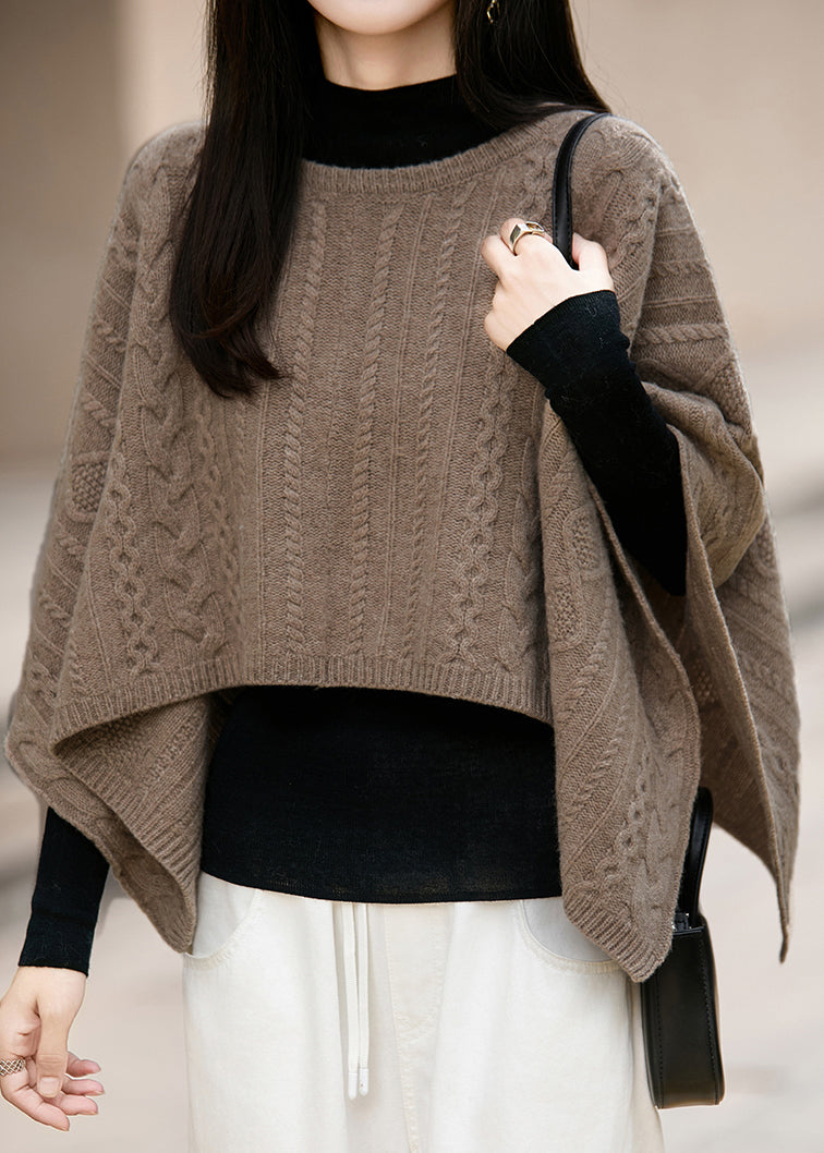 French Camel O Neck Cable Knit Woolen Sweaters Winter