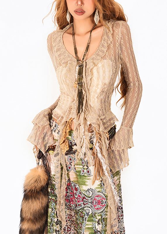 French Camel O-Neck Tie Waist Lace Top Flare Sleeve