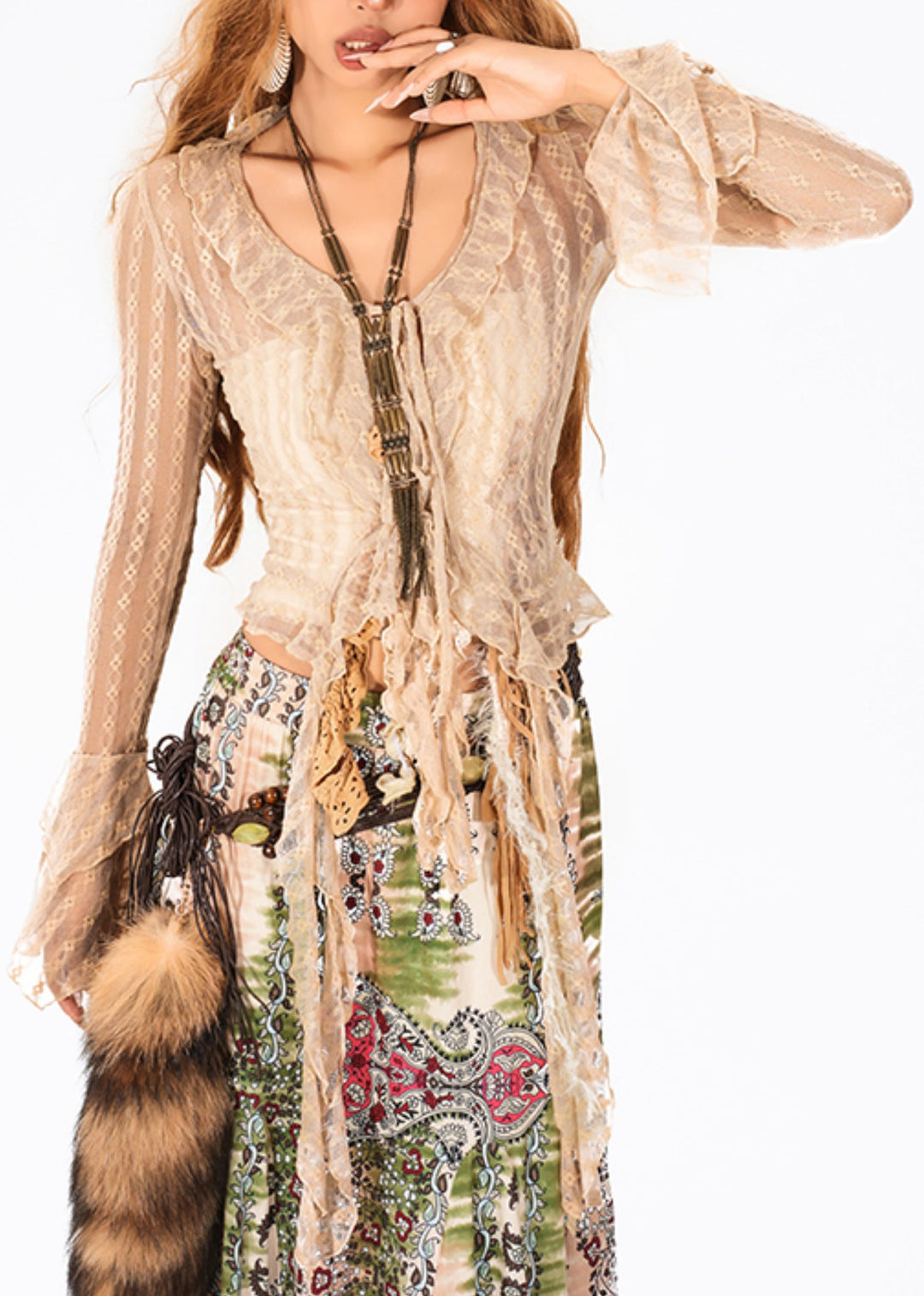 French Camel O-Neck Tie Waist Lace Top Flare Sleeve