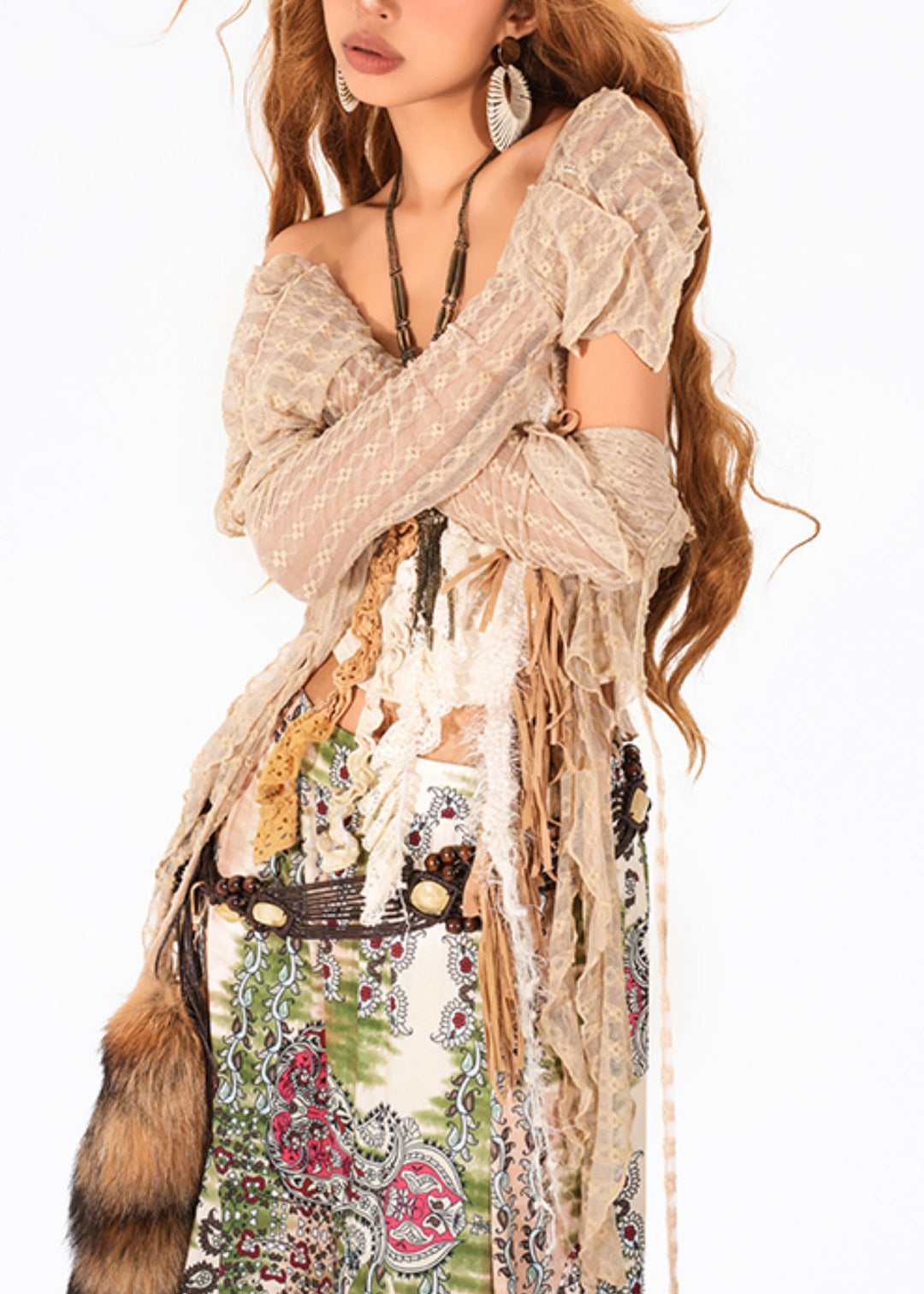 French Camel O-Neck Tie Waist Lace Top Flare Sleeve