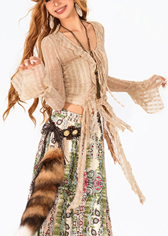 French Camel O-Neck Tie Waist Lace Top Flare Sleeve