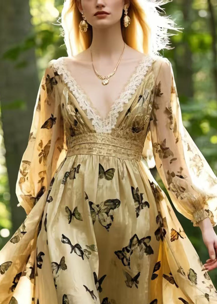 French Champagne Butterfly Silk Party Dress Spring