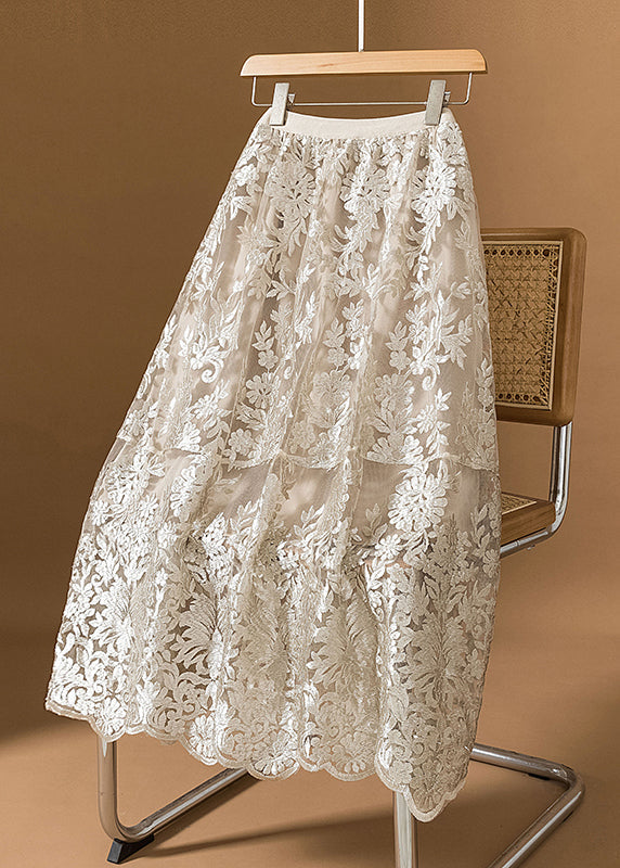 French Champagne Embroidered Lace A Line Skirts Fall