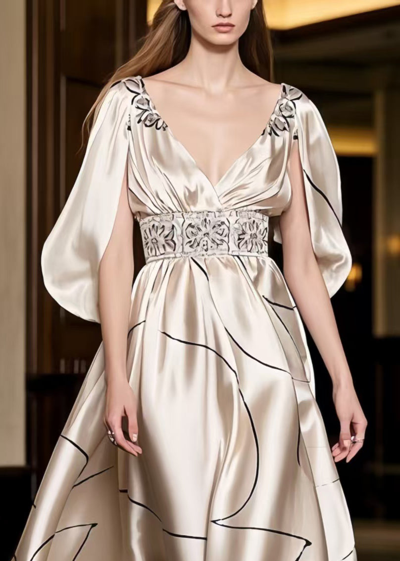 French Champagne Print Exra Large Hem Party Dress Cloak Sleeves