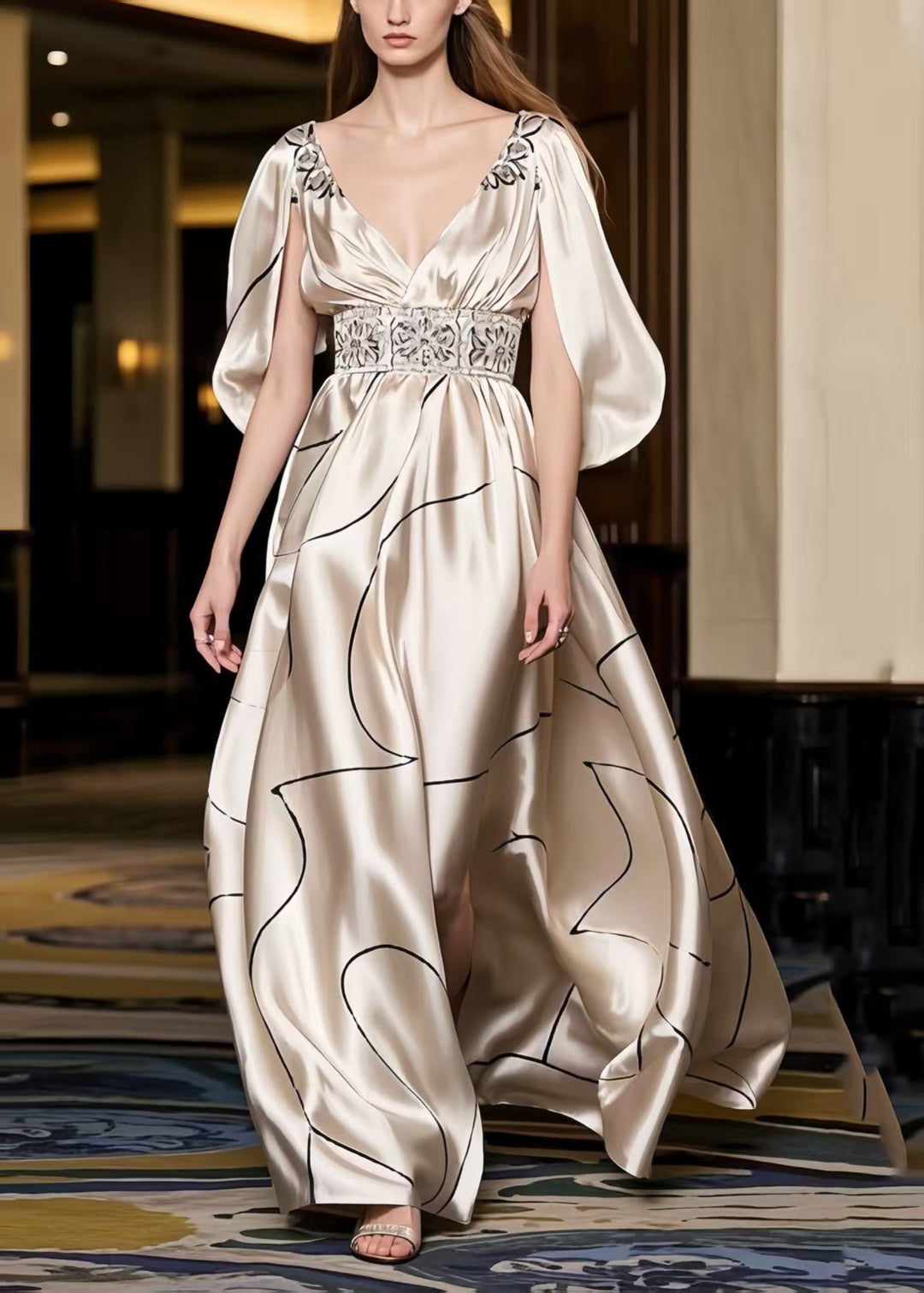 French Champagne Print Exra Large Hem Party Dress Cloak Sleeves