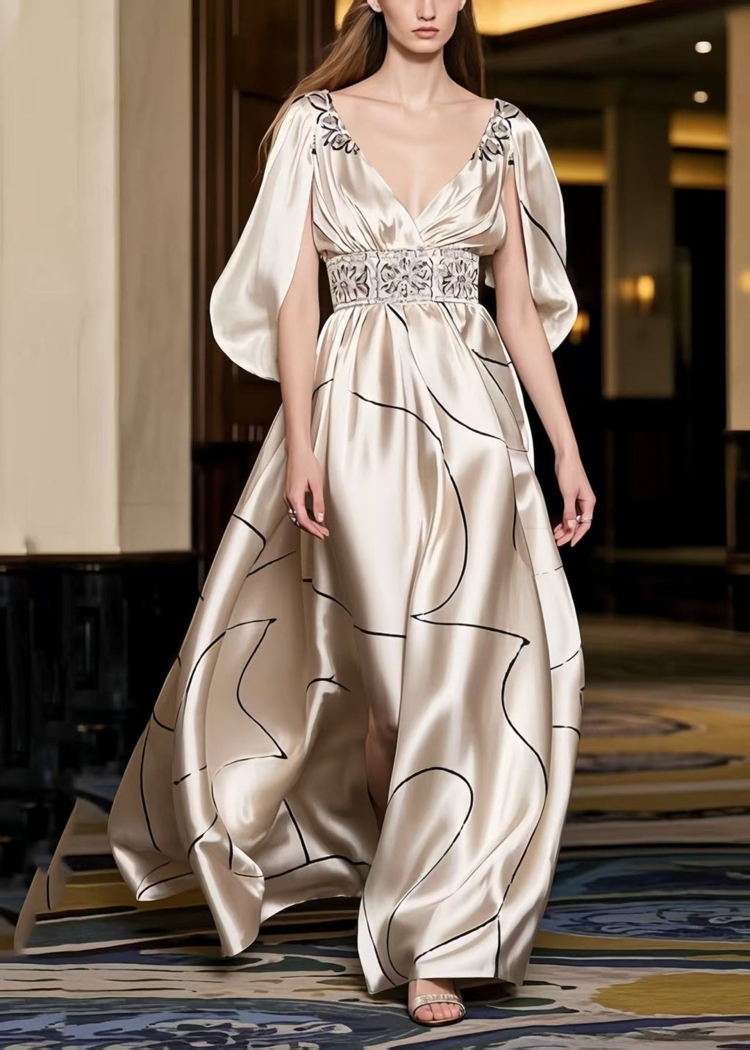 French Champagne Print Exra Large Hem Party Dress Cloak Sleeves