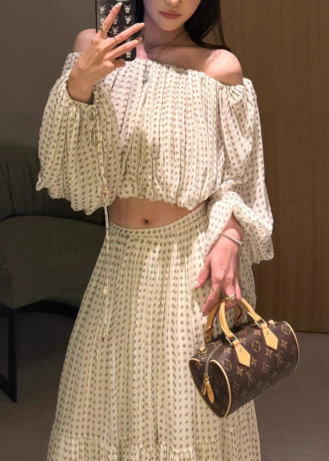 French Champagne Slash Neck Wrinkled Silk Two Pieces Set Fall