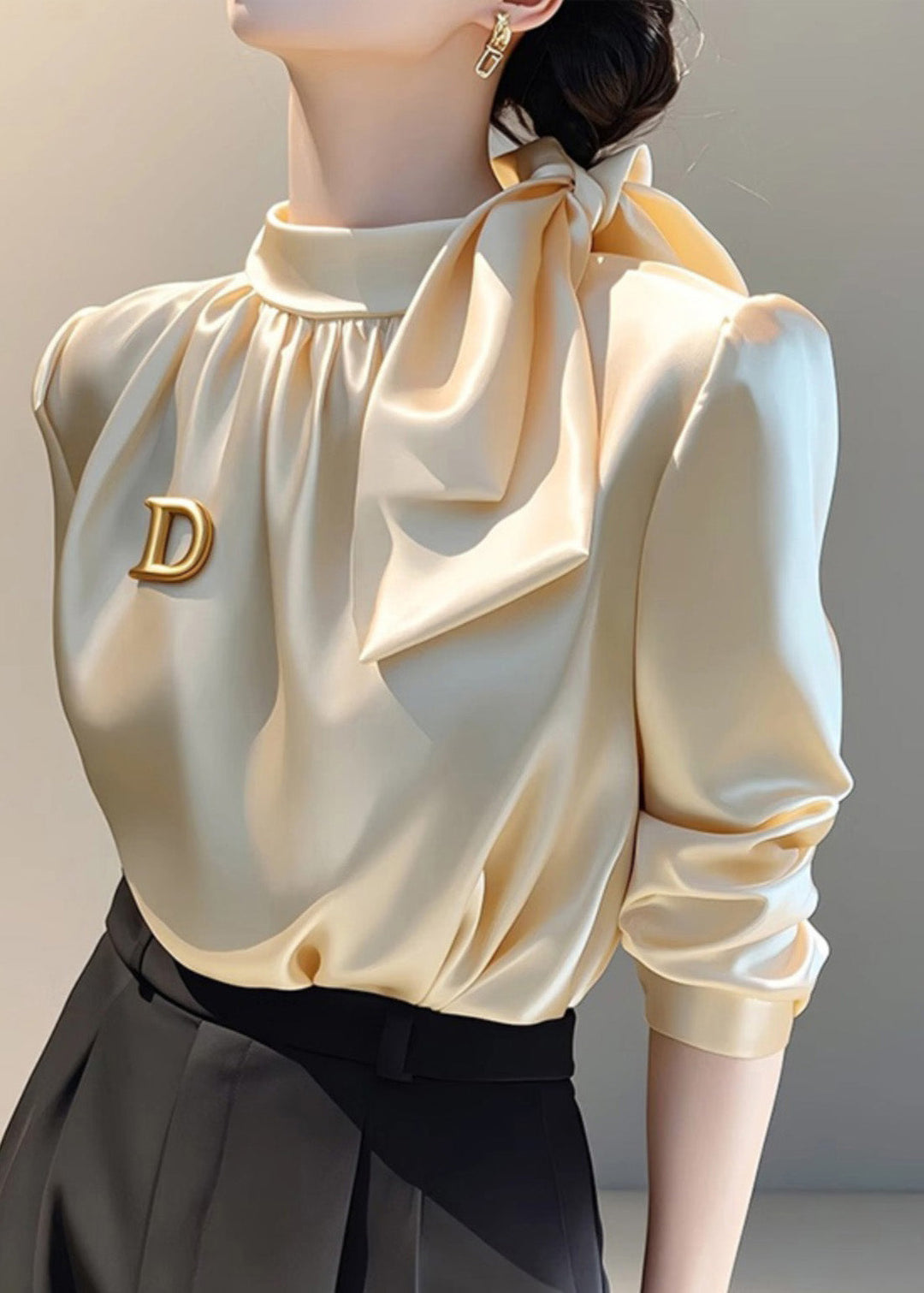 French Champagne Stand Collar Bow Silk Blouse Top Spring