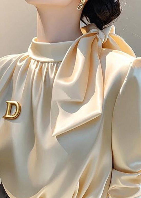 French Champagne Stand Collar Bow Silk Blouse Top Spring