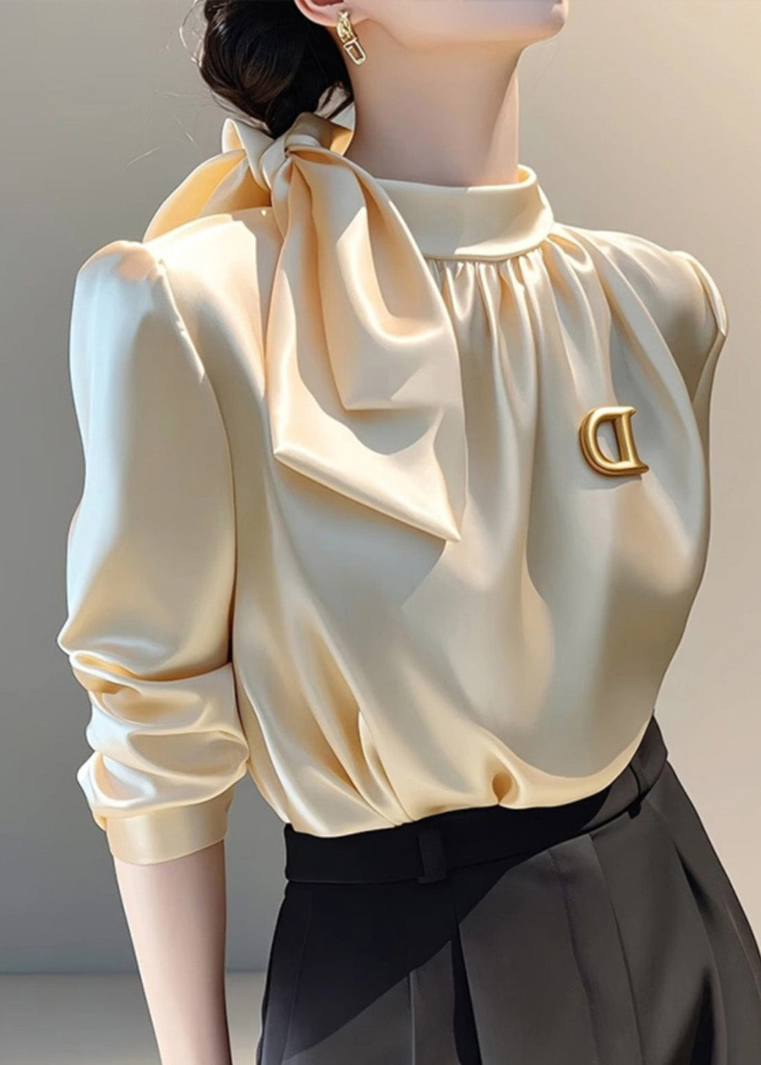French Champagne Stand Collar Bow Silk Blouse Top Spring