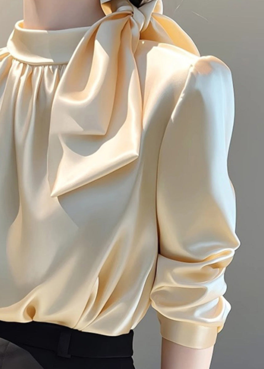 French Champagne Stand Collar Bow Silk Blouse Top Spring