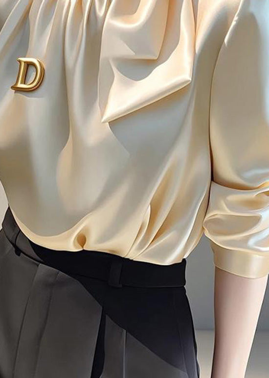 French Champagne Stand Collar Bow Silk Blouse Top Spring
