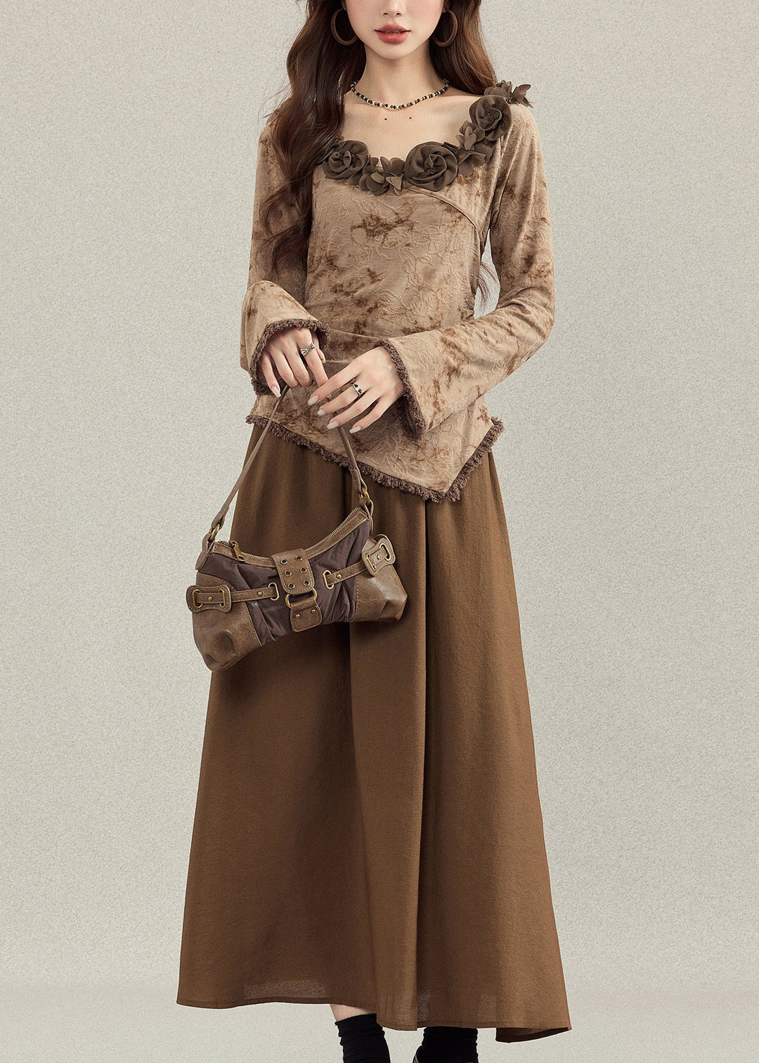 French Coffee Asymmetrical Floral Cotton Women Sets 2 Pieces Fall