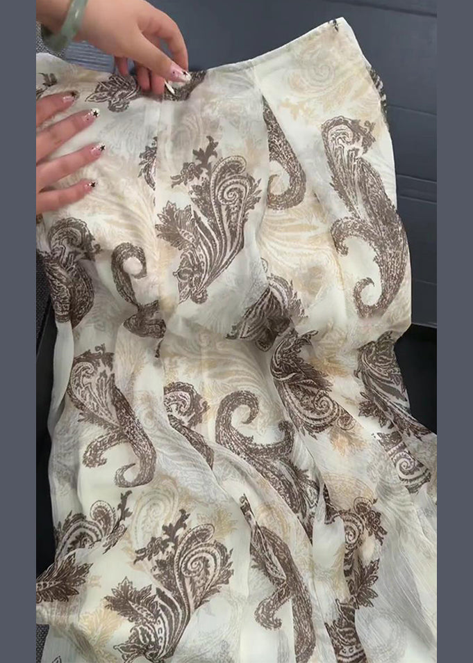 French Coffee Button Waistcoat And Print Skirts Cotton Two Pieces Set Sleeveless