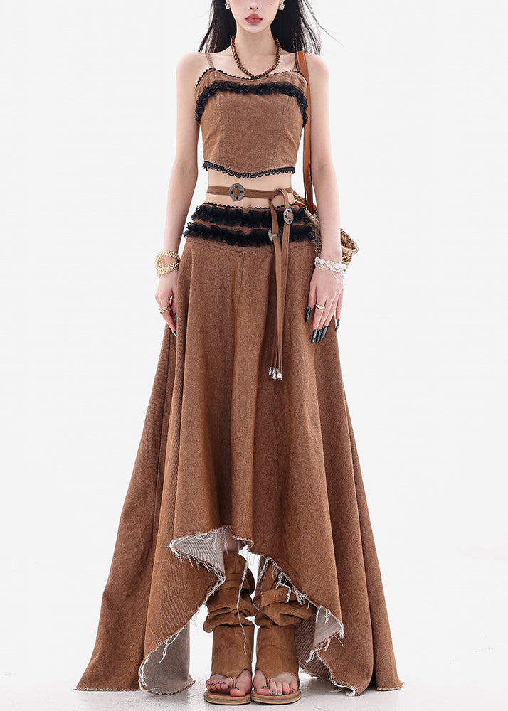 French Coffee Lace Tank And Skirts Denim Two Pieces Set Sleeveless