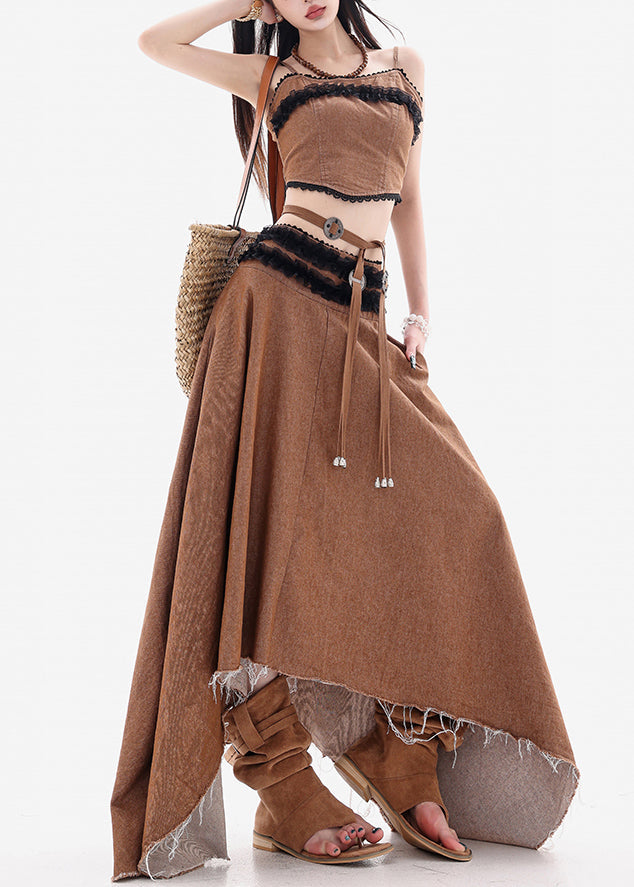 French Coffee Lace Tank And Skirts Denim Two Pieces Set Sleeveless