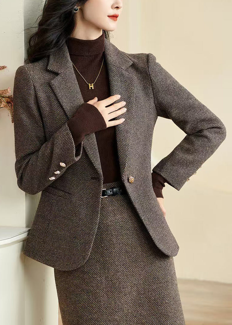 French Coffee Notched Pockets Cotton Coats Winter