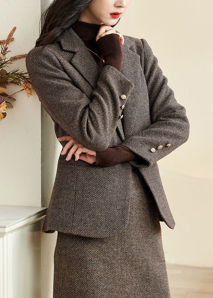 French Coffee Notched Pockets Cotton Coats Winter