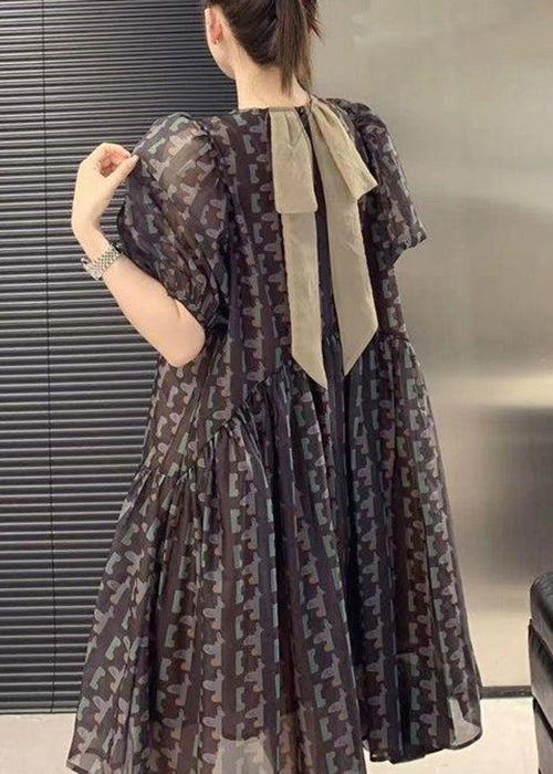 French Coffee Print Lace Up Chiffon Dress Puff Sleeve