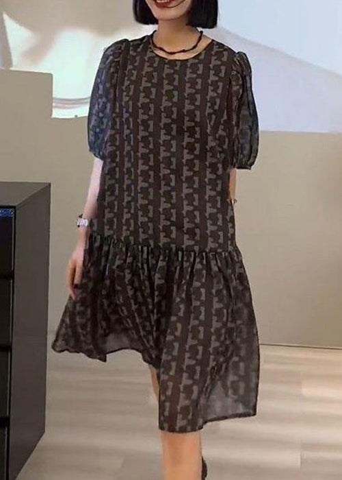 French Coffee Print Lace Up Chiffon Dress Puff Sleeve