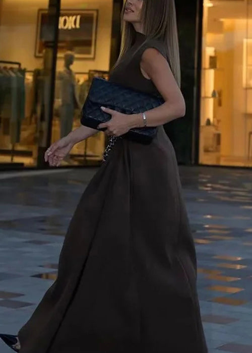 French Coffee Turtleneck High Waist Solid Cotton Long Dress Sleeveless