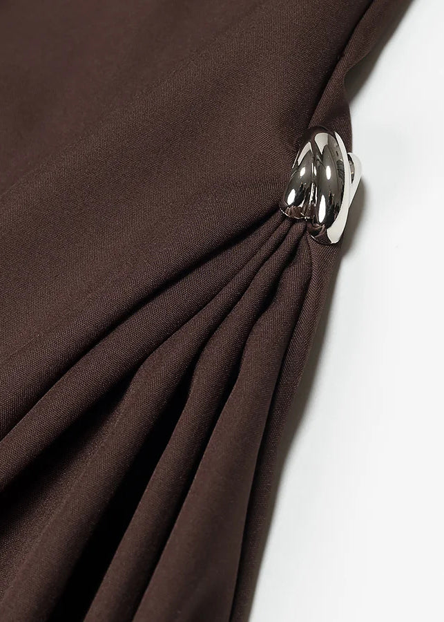 French Coffee Turtleneck High Waist Solid Cotton Long Dress Sleeveless