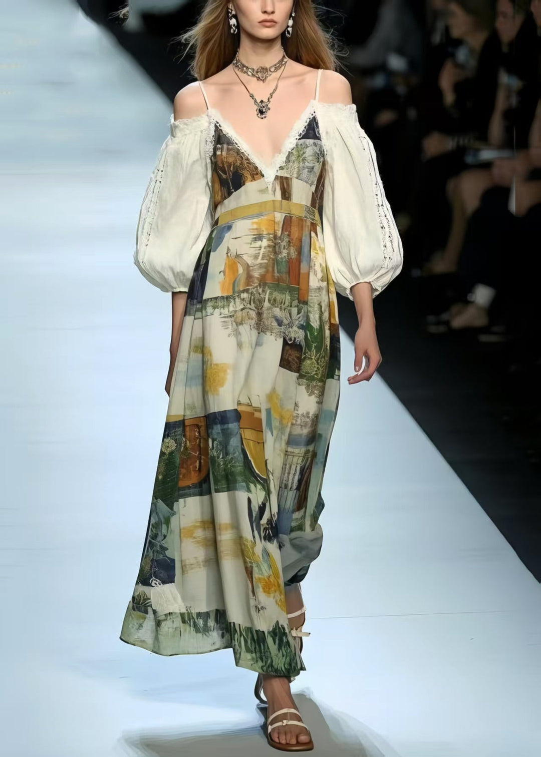 French Cold Shoulder Print Cotton Vacation Dress Lantern Sleeve